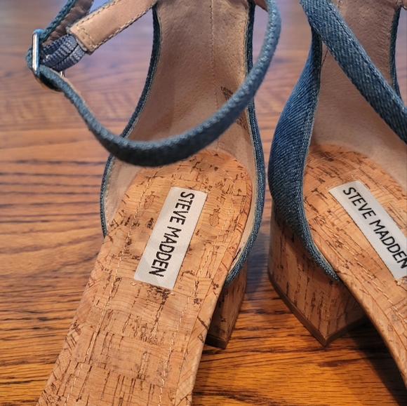 Steve Madden Blue Denim Block Cork Open Toe Shoes Heels Sandals - Picture 7 of 9